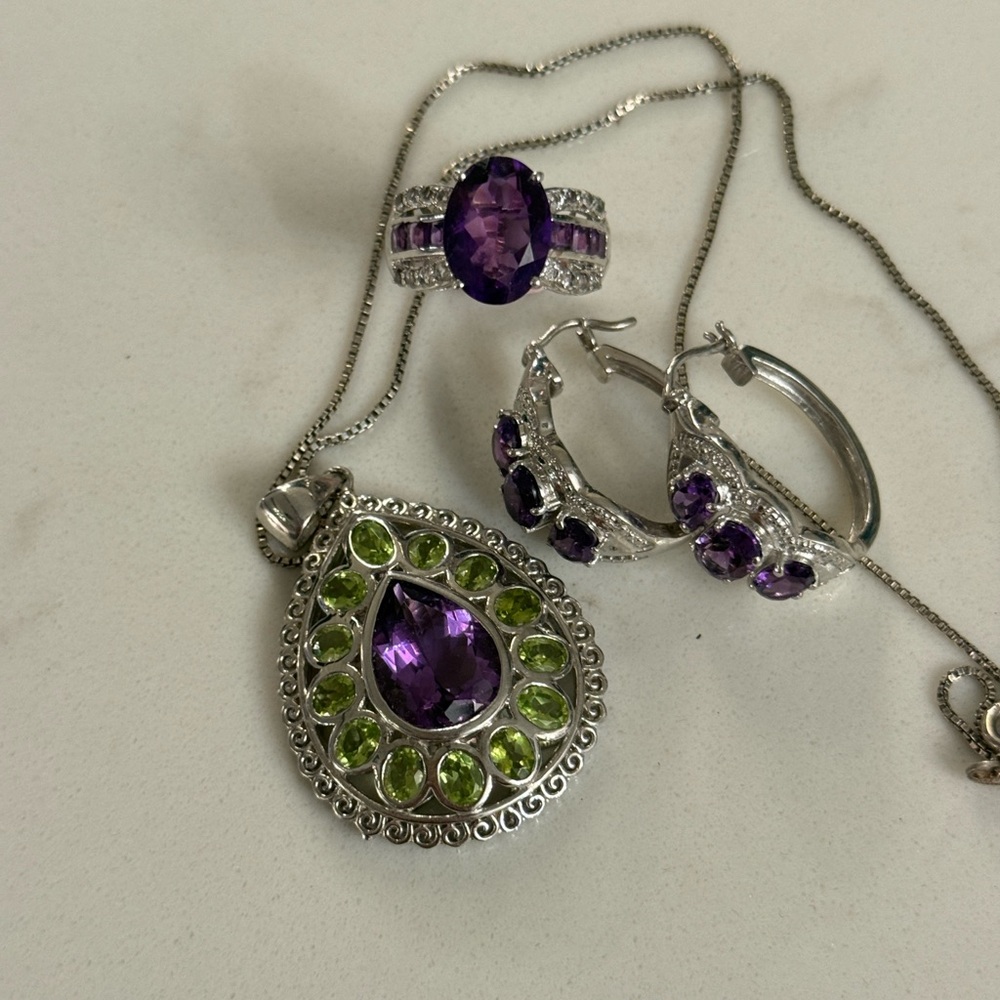 Sterling Silver with Amethyst and Peridot Gemstone Jewelry Set